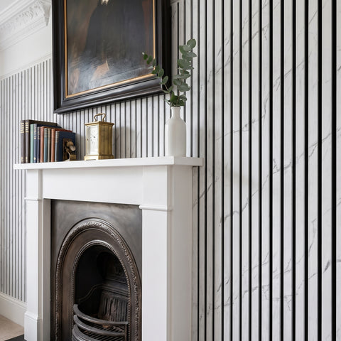White Marble Acoustic Slat Wall Panels — Decorative MDF Wood Panels 2.4m x 0.6m