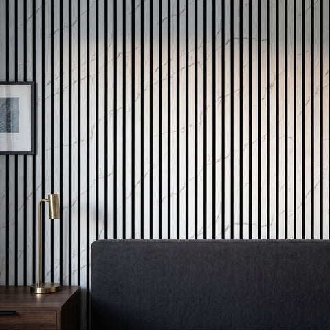 White Marble Acoustic Slat Wall Panels — Decorative MDF Wood Panels 2.4m x 0.6m