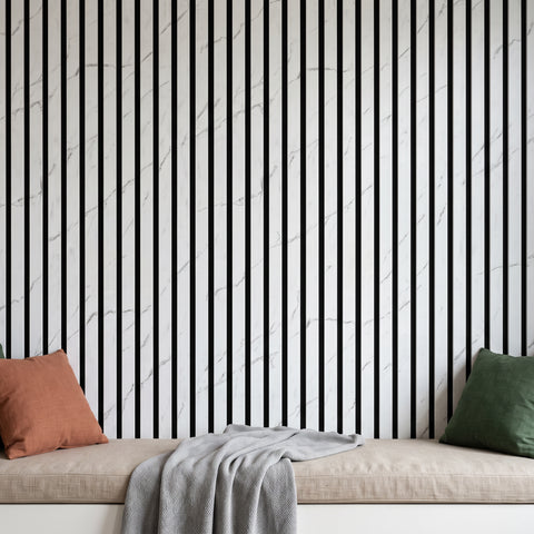 White Marble Acoustic Slat Wall Panels — Decorative MDF Wood Panels 2.4m x 0.6m