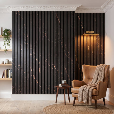 Black Marble Acoustic Slat Wall Panels — Decorative MDF Wood Panels 2.4m x 0.6m