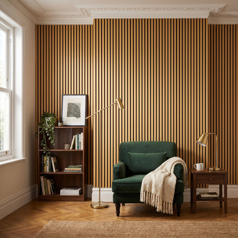 Gold Acoustic Slat Wall Panels — Decorative MDF Wood Panels 2.4m x 0.6m
