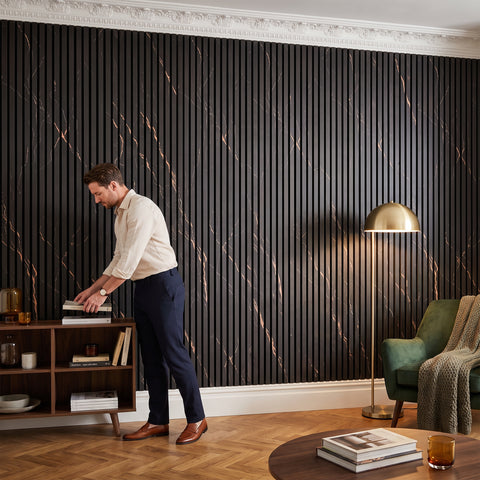 Black Marble Acoustic Slat Wall Panels — Decorative MDF Wood Panels 2.4m x 0.6m