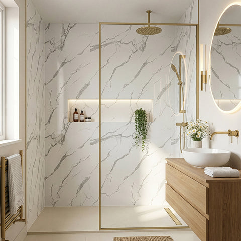 Premium Carrara White Marble Gloss Shower Wall Panel - 1M x 2.4M