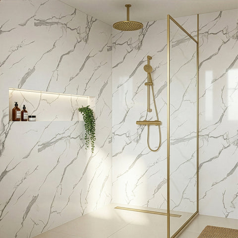 Premium Carrara White Marble Gloss Shower Wall Panel - 1M x 2.4M