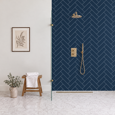 Premium Royal Navy Blue Herringbone Tile Matt Shower Wall Panel – 1M x 2.4M