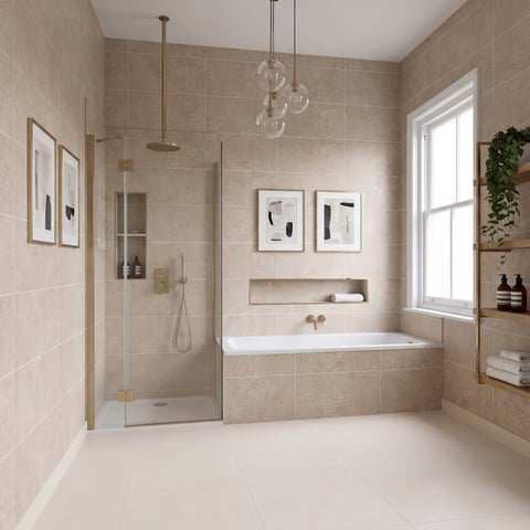 Premium Beige Concrete Gloss Tile Shower Wall Panel 2.6M x 600MM